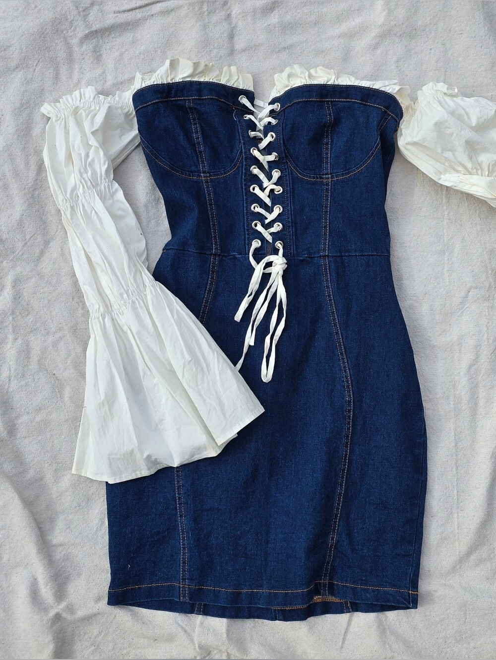 Strapless Dark Blue Denim Corset Dress with Long White Off The Shoulder Sleeves